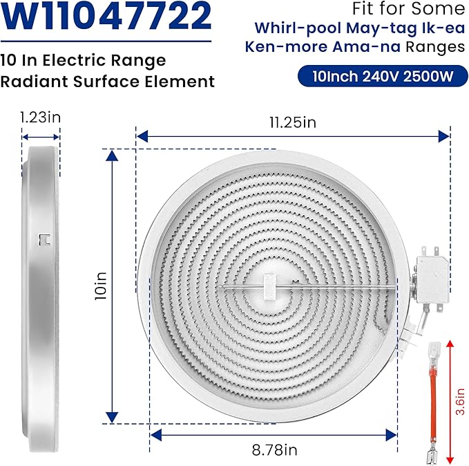 10In W11047722 8523692 W10248262 Single Radiant Surface Heating Element Fit for Whirl-pool, Ken-more, May-tag, Replaces PS11775308 4461933 AP6041999 Range Stove Burner Surface Element By Fetechmate