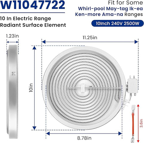 10In W11047722 8523692 W10248262 Single Radiant Surface Heating Element Fit for Whirl-pool, Ken-more, May-tag, Replaces PS11775308 4461933 AP6041999 Range Stove Burner Surface Element By Fetechmate