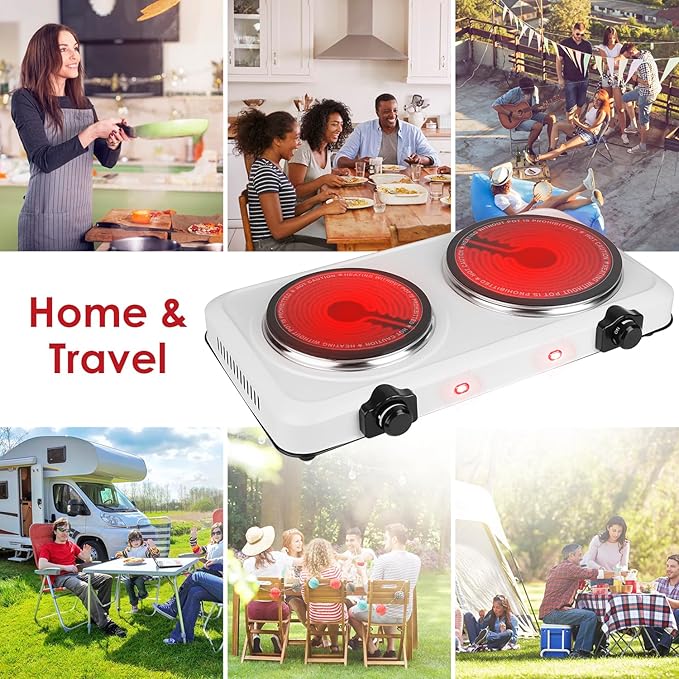 KOCASO 1800W Dual Infrared Burner Hot Plate, 7.5" & 6.3" Glass Cooktop, Stepless Temp Control 302°F-1022°F, Portable Electric Stove for Home, RV, Camping, Dorms