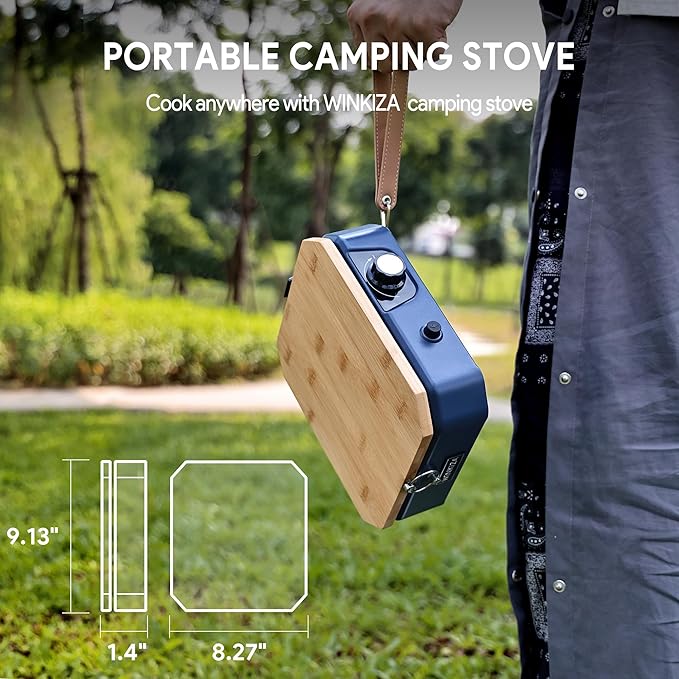 Camping Stove with Cutting Board, 304 Stainless Steel Portable Propane Camp Stove, Adjustable Burner with Piezo Ignition, Portable Gas Stove for Camping, BBQ