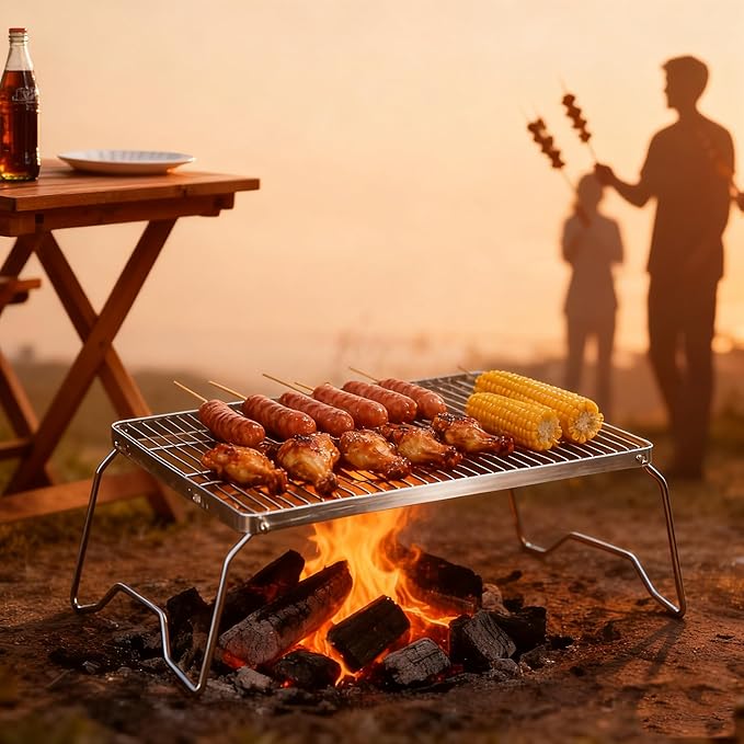15.8" Folding Campfire Grill, 304 Stainless Steel, Portable Firepit Grate for Camping, Hiking, Picnics