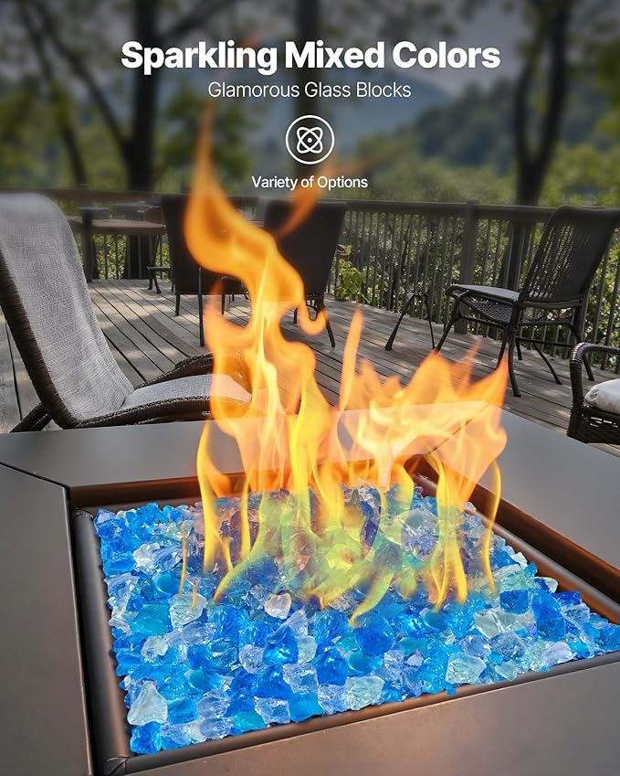 VEVOR Fire Glass, 10 lbs, Aqua Blue + Caribbean Blue + Aqua Green, 3/4 Inch High-Temperature Resistant Reflective Glass Rocks, Smokeless Fire Pit Stones for Outdoor Table & Landscaping