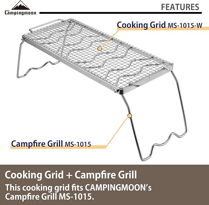 CAMPINGMOON Cooking Grid Campfire Grill Grid BBQ Replacement Grate 304 Stainless Steel Portable Handle (Silver 17.7 x 7.7)