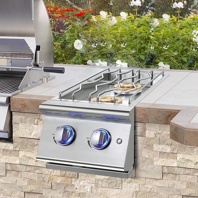 Double Grilling Side Burners for Outdoor Kitchen, 2 * 17,000BTU Nature Gas Burners, Convertible to Liquid Propane, Duty Heavy 304 Stainless Steel, Built-in Side Burner for BBQ Island Grill