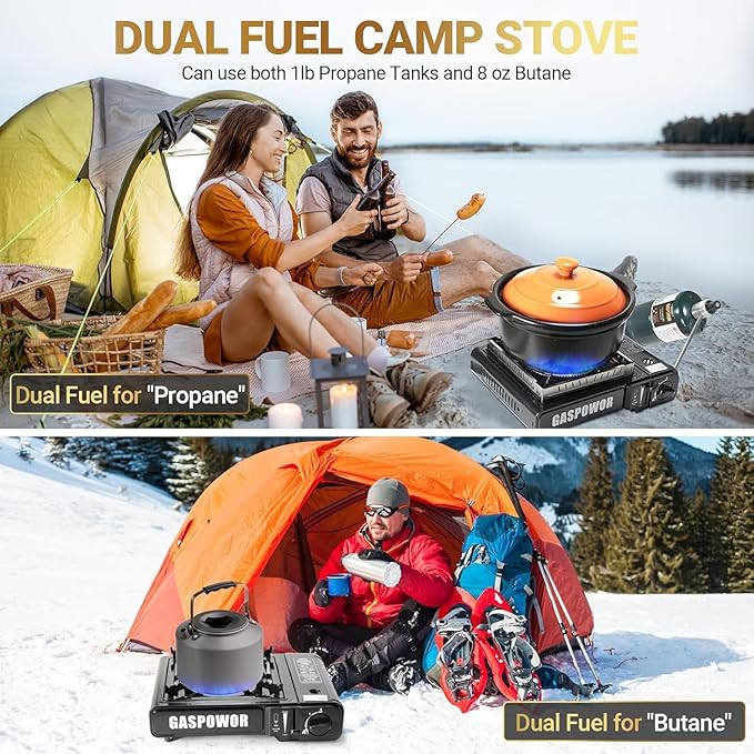 Propane or Butane Stove, Dual Fuel Propane Stove for Camping, 10,000 BTU Automatic Ignition Portable Gas Stove with Carrying Case & Windblocker & Griddle for Hiking(Fuel Not Included)