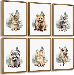 Woodland Animal Nursery Wall Art Decor Set of 6 Baby Boys Room Wall Art Forest Animal Canvas Wall Decor Kids Art Prints Watercolor Bear Deer Fox Pictures Artwork for Bedroom 8x10 Inch Wood Framed