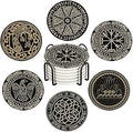 HUXJOKO Coasters for Drinks Set of 6,Black Viking Magical Runic Absorbent Ceramic Coaster,Round Stone Mat,with Cork Base and Metal Holder for Coffee Table Room Bar Home Decor Housewarming Gifts
