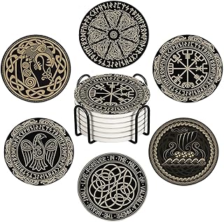HUXJOKO Coasters for Drinks Set of 6,Black Viking Magical Runic Absorbent Ceramic Coaster,Round Stone Mat,with Cork Base and Metal Holder for Coffee Table Room Bar Home Decor Housewarming Gifts