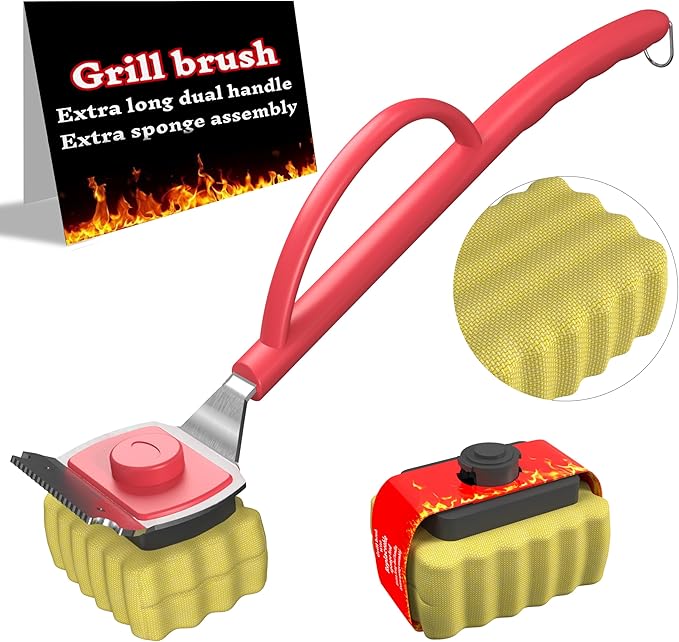 Grill Brush Bristle Free, BBQ Replaceable Cleaning Head with 18" Extended Handle, Unique Seamless-Fit Scraper Tool for Cast Iron/Stainless-Steel Grates, Durable Barbecue Cleaner(Red)