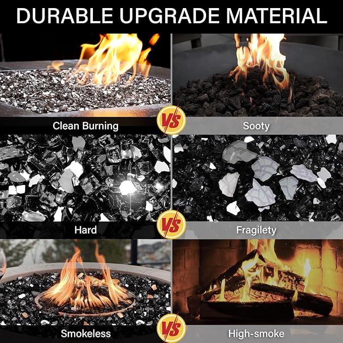 NUPICK 20 Pound Fire Glass, 1/2 Inch Reflective Fire Glass, Fit with Fire Pit and Fireplace, Black