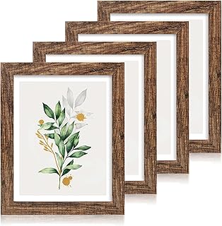Hongkee 11x14 Picture Frame Set of 4, Made of Glass and Rustic Brown Wooden Frame, Display 8x10 Pictures with Mat or 11 x 14 Posters without Mat for Wall Mounting, Gallery Photo Frames