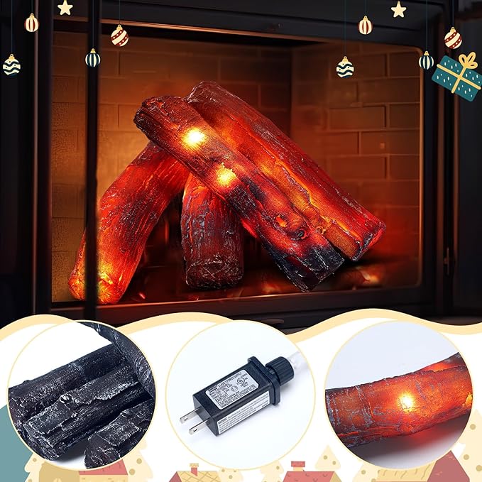 Tuanse 4 Pcs 8.7 in Flameless Fake Fire Log Spring Summer Beach Camping Themed Party Decorations Fake Campfire Battery Operated Artificial Fire Pit for 4th of July Easter Party Decor