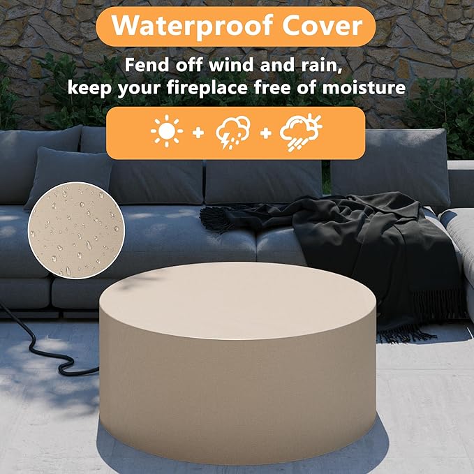 32.5 inch Round Propane Fire Pit, 50000 BTU Gas Fire Pit Table with Steel Lid, Waterproof Cover, 10ft Gas Hose & Gas Tank Base, Lava Rocks, Grey