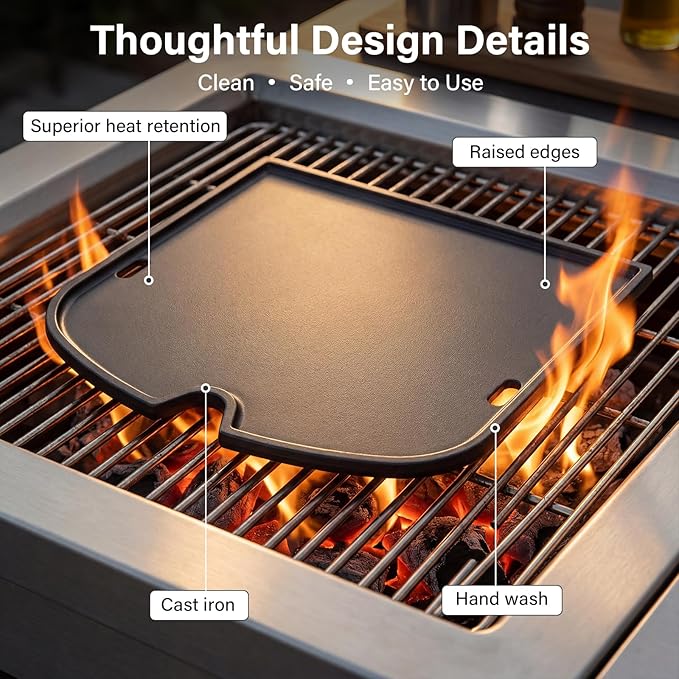 7034 Cast Iron Griddle - 13.5" x 12.4" for Weber Traveler Gas Grill with Grease Holes, Flat Top Insert Cooking Griddle for Traveler Model 9010001 9011701 1501740 1501741 and More