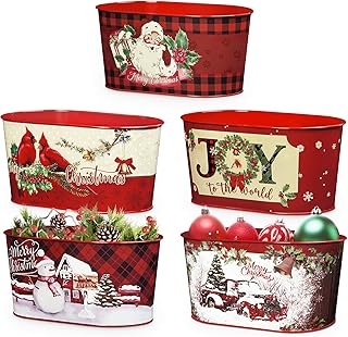 Putuo Decor Christmas Theme Metal Buckets, Christmas Decorations Garden Planter Pots, Galvanized Small Bucket Pails for Party Home Table Centerpieces Storage Decor