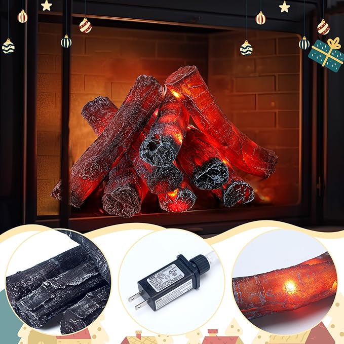 Tuanse 8 Pcs 8.7 in Flameless Fake Fire Log Spring Summer Beach Camping Themed Party Decorations Fake Campfire Battery Operated Artificial Fire Pit for 4th of July Easter Party Decor