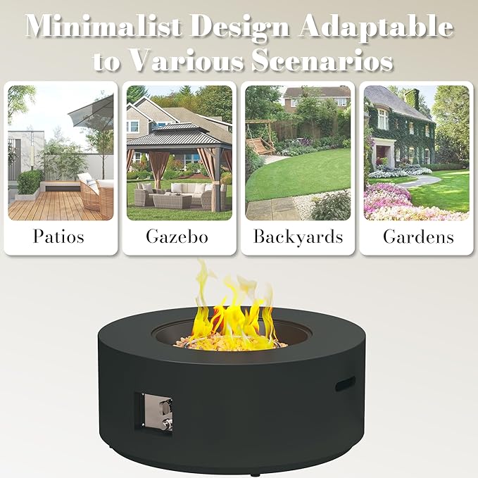 32.5 Inch Propane Fire Pit Table, 50,000 BTU Round Patio Fire Pit Table Outdoor, CSA Certified, Stainless Burner with Steel Lid, Waterproof Cover & Lava Rocks, for Garden Backyard, Black