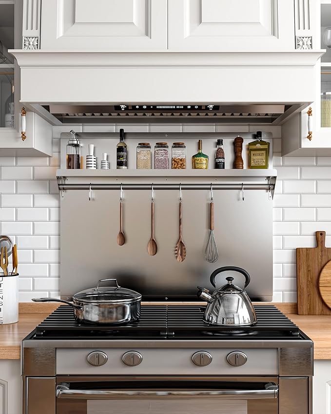 24 x 30 In Stainless Steel Backsplash - Kitchen Wall Splash Guard Behind Stove with Storage Shelf and Hanging Rack, Easy Clean and Installation