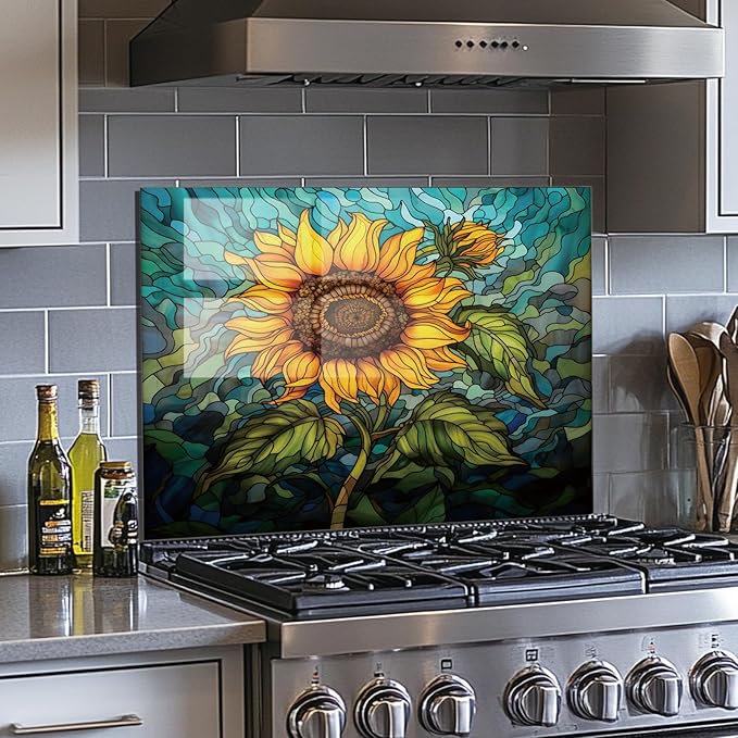 Evgosm Tempered Glass Backsplash for Kitchen， Stove Splashback, sunflower Glass Backsplash, Easy to Install and Clean, Used for Kitchen Wall Protection and Decoration. (30x16'')