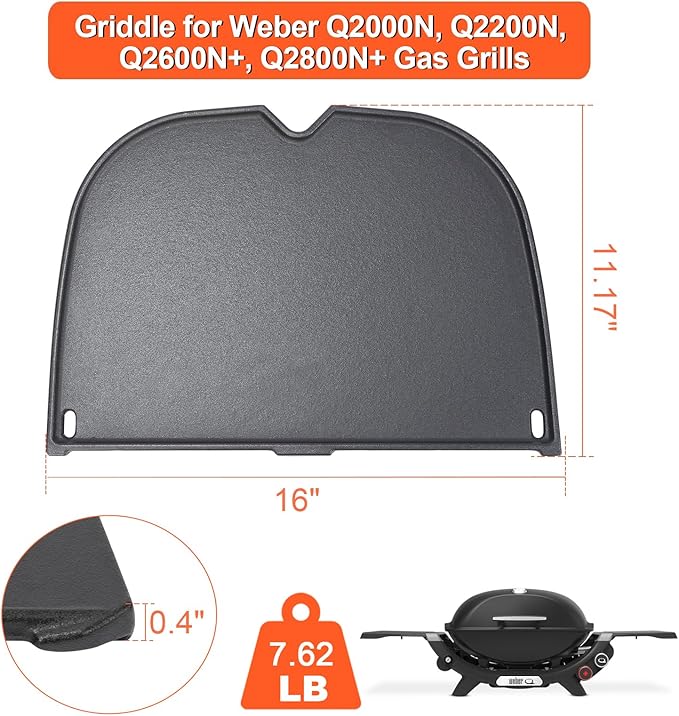 QuliMetal Cast Iron Grill Griddle for Weber Q2000N+, Q2200N+, Q2600N+, Q 2800N+ Gas Grills