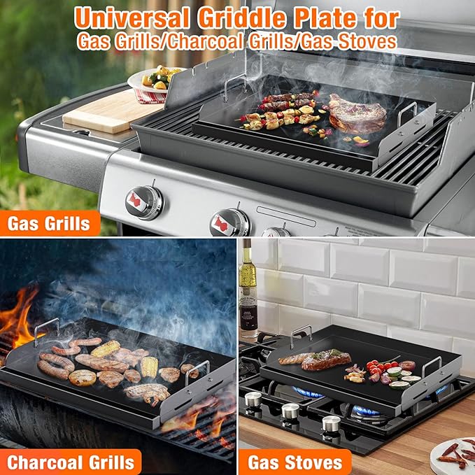 Griddle for Gas Grill, 17" x13” Universal Griddle Flat Top Plate with Removable Handles for Charcoal/Gas Stove, Nonstick Coating Cooking Griddle Plate Insert for Camping, Tailgating, Parties