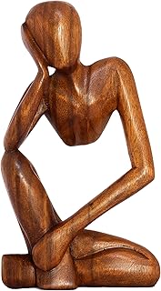 G6 Collection 12" Wooden Abstract Thinker Statue, Hand Carved Thinking Man Figurine, Modern Minimalist Sculpture, Handmade Home Decor Accent Gift (Brown)
