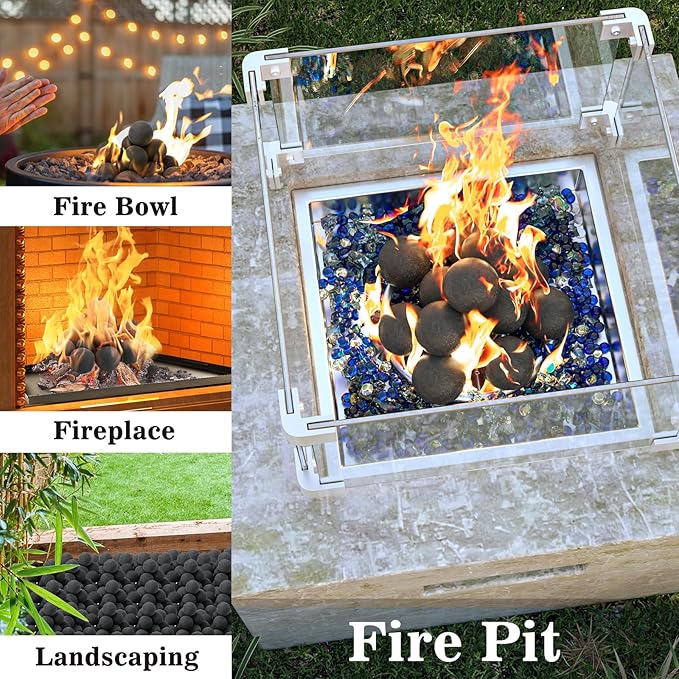 GRISUN Black Round Ceramic Fire Balls for Fire Pit, 4 Inch Tempered Fire Stones for Natural or Propane Fireplace, Safe for Outdoors and Indoors Fire Pit Reusable Fireballs, Set of 12