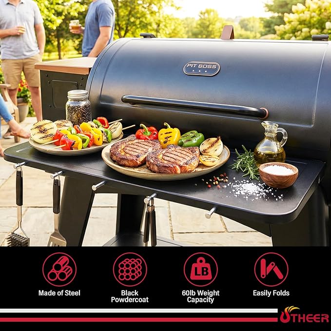 Utheer Upgraded Folding Front Shelf for Pit Boss Austin XL 1000 & Savannah 1500 Pellet Grills, 29.5" × 13.7" Heavy-Duty BBQ Prep Table with Cutting Board, Foldable Basin, Lid & 5 Hooks, 60-LB Load