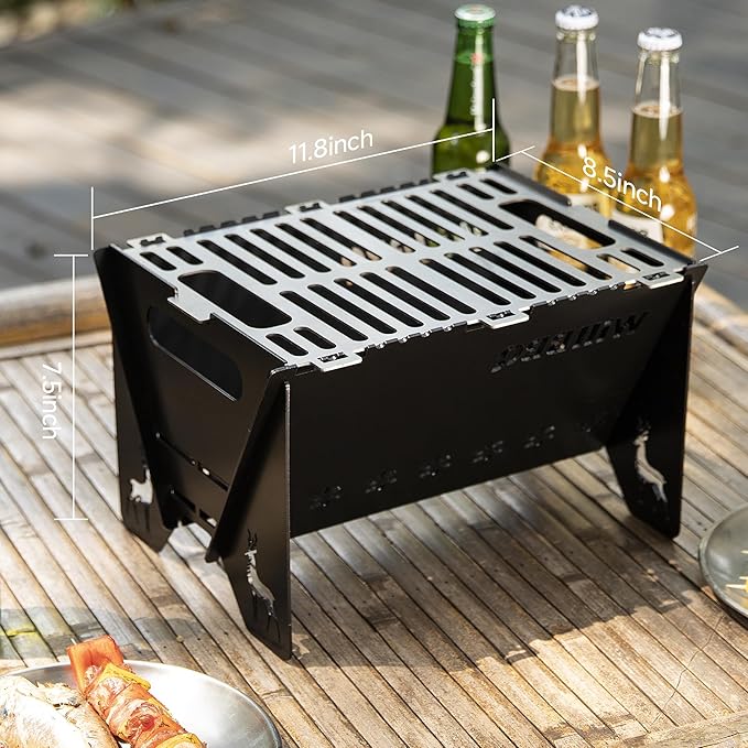 WILLBBQ Charcoal Grills Quality Portable Detachable Folding,Skewers Campfire Grill,Hibachi Backpacking BBQ Grill,Easy Portability For Outdoor Barbecues Camping Picnics Garden Party(11.8x8.5x7.5 inch)