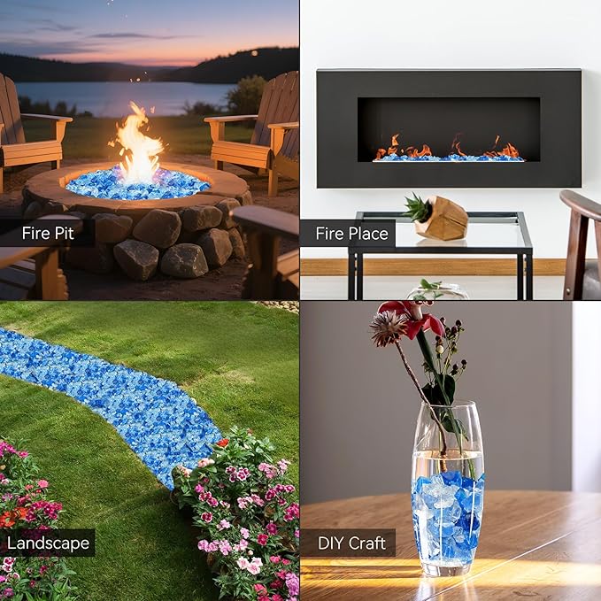 Mr. Fireglass Crushed Fire Glass for Natural or Propane Fire Pit, 10 Pounds Decorative Recycled Fireplace Glass Rocks for Fire Pit Fireplace and Landscaping, High Luster Sea Blue and Ice Clear