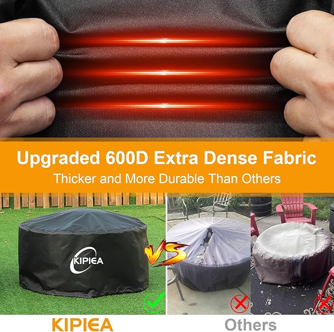 Kipiea Round Fire Pit Cover - 100% Waterproof Upgraded 600D Strong Tear Resistant Firepit Cover, UPF 50+ Outdoor Fire Pit Cover Fading Resistant, 44" Dia X 24" H