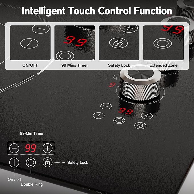 30 Inch Electric Cooktop 5 Burner Karienvir, 8600W Built-in Electric Stove Top, Cooktop 30" with Double-ring Burner, Knob & Touch Control, 9 Power Levels, Timer, Safety Lock, 220V-240V Hard Wire