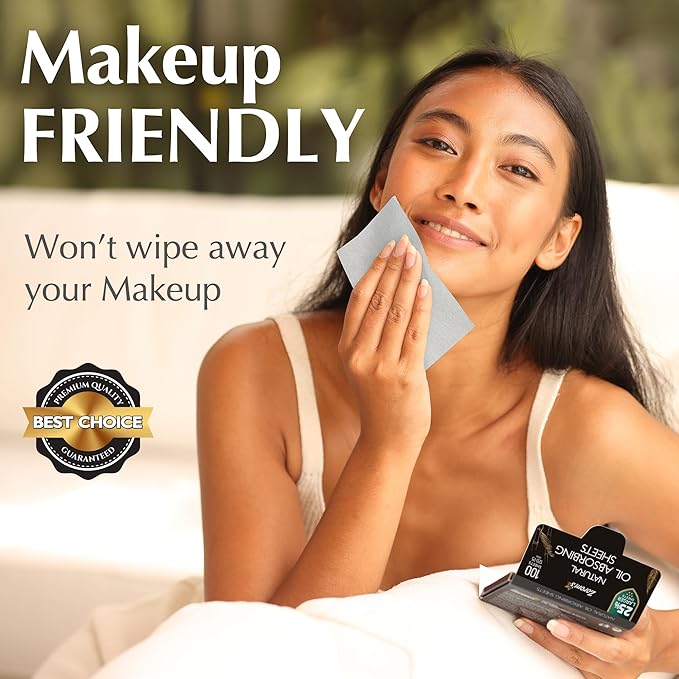 Natural Oil Blotting Sheets for Face with Bamboo Charcoal - 25% Larger - 1pk/100 Makeup Friendly Oil Absorbing Sheets for Face - Easy Dispensing Blotting Papers - Perfect for Keeping in Purse