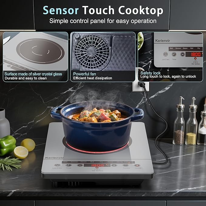 Single Burner Electric Cooktop, Portable Electric Stove 110v with plug, Touch Control, Safety Lock, Timer, Kitchen Cooking Cooktop With 9 Power Levels, 1800W(Grey)