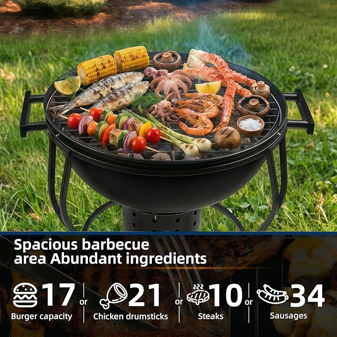 Portable Charcoal Grill with Built-In Thermometer, Adjustable Air Vent & Easy Cleanup, Portable BBQ Grill for Camping, Tailgating, Picnics and Small Backyard Cookouts, Easy-to-Carry Outdoor Grill
