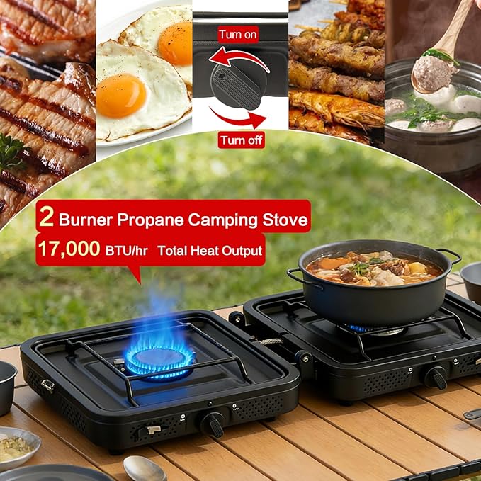 2 Burner Camping Stove,Portable Camp Stove with 17,000 BTU Adjustable Burners and Carrying Bag,Folding Camping Stove for Outdoor Cooking Backpacking BBQ Grill