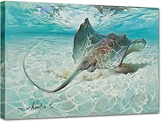 JZLDZS Ocean Canvas Wall Art Nautical Bathroom Decor Fish Stingray Manta Ray Picture Artwork for Living Room Bedroom Kitchen Nursery, 12x16 Inch Blue Teal Beach Decorations Framed Ready to Hang