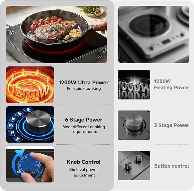 Portable Single Burner Electric Cooktop, 1200W 110-120V Countertop Hot Plate with Knob Control & 6 Power Levels, Black Crystal Glass Surface, Compatible with All Cookware, for Home Camping