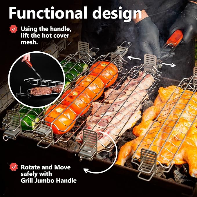 Grill Basket Set (1 Pack) – Adjustable Stainless Steel Grilling Baskets with Rotating Handle – Fish, Vegetable & Meat Grill Basket for Charcoal & Gas BBQ – Gift for Men & Dad