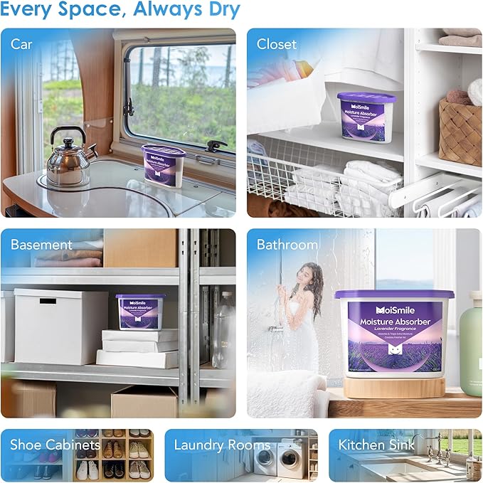 Moisture Absorbers, Efficient Lavender Vanilla Humidity Absorber ＆ Odor Eliminator Boxes, Refillable Car Dehumidifier for Closet, Bathroom, Basement＆ RV, 3 Pack