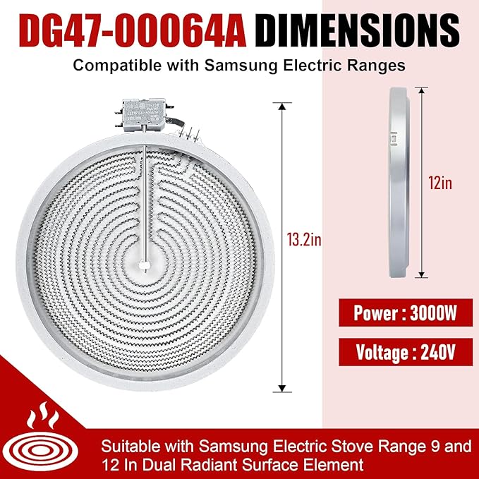 UPGRADE DG47-00064A DG47-00056A Compatible With Samsung Stove Range Electric Range 9/12 Inch Dual Radiant Heater Element Replacement EAP11729066 AP5986691 PS11729066 Surface Element