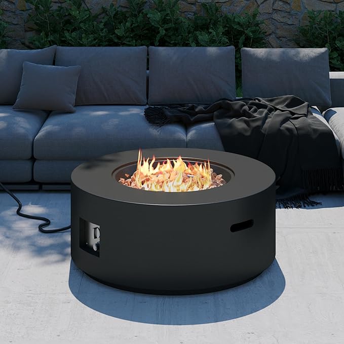32.5 inch Round Propane Fire Pit, 50000 BTU Gas Fire Pit Table with Steel Lid, Waterproof Cover, 10ft Gas Hose & Gas Tank Base, Lava Rocks, Black