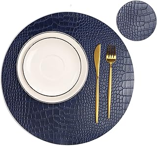 Round Leather Placemats for Round Tables Set of 4, Blue Table Place Mats and Coasters, Washable Easy to Care for Indoor Decor 13" Diameter