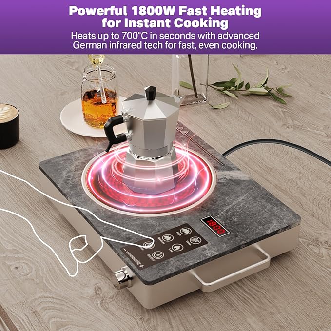 1800W Single Burner Electric Cooktop, Portable Infrared Ceramic Hot Plate with Marble Glass, Touch & Knob Control, Plug-in Stove for All Flat Cookware