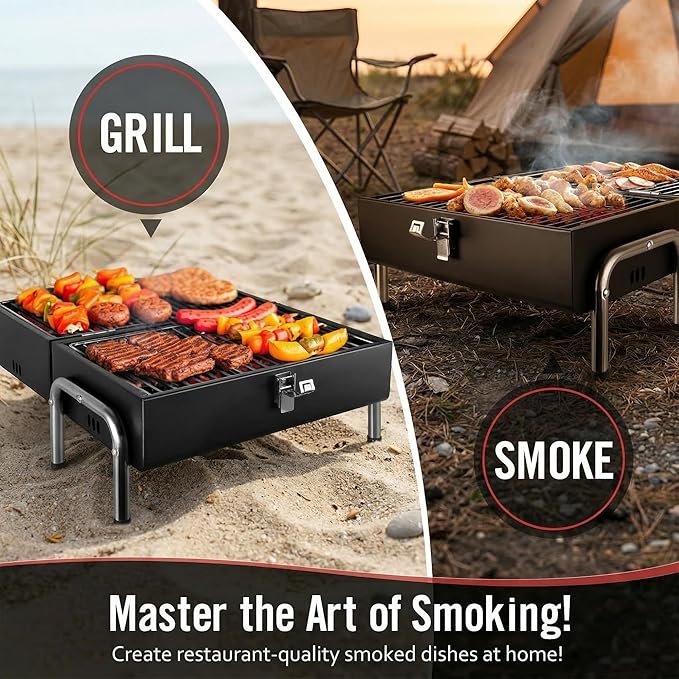 Portable Charcoal Grill, Table Top Small BBQ Grill For Outdoor, Camping, Beach, Easy Assembly, Heavy Duty & Multi-Use Small Grill, Black (270 Sq.In)