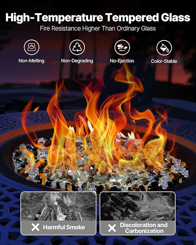 VEVOR Fire Glass, 10 lbs, Copper + Clear + Gold, 1/2 Inch High-Temperature Resistant Reflective Glass Rocks, Smokeless Fire Pit Stones for Outdoor Table & Landscaping