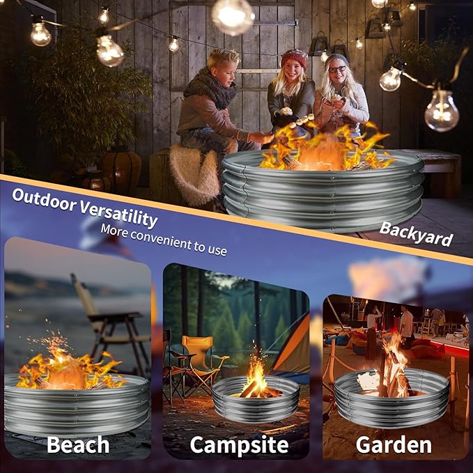 YSEJOMP 60 Inch Diameter Round Galvanized Fire Pit Ring/Fire Ring - Foldable and Perfect for Outdoor Gatherings and Campfires in The Yard/Garden/Park/Beach (5 FT Diameter, Silver)