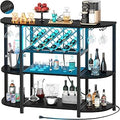 Unikito 4-Tier Metal Coffee Bar Cabinet with Outlet and LED Light, Freestanding Floor Bar Table for Liquor with Glass Holder and Wine Storage, Wine Table Bakers‘ Rack for Kitchen Dining Room, Black