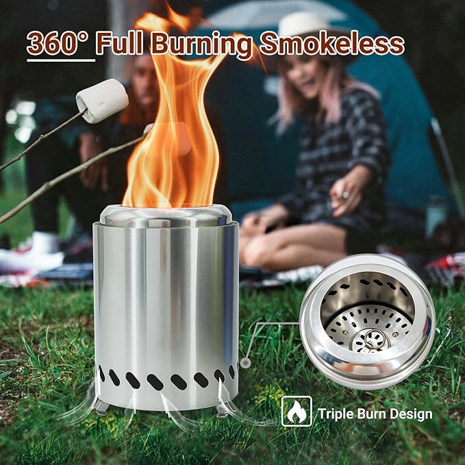 5.5 Inch Tabletop Stainless Steel Fire Pit Stove Multi-Color Low Smoke Top Firewood Stove for Outside Portable Mini Outdoor Fire Pit Including Pellet and Heat-Insulating Gloves (Silver)