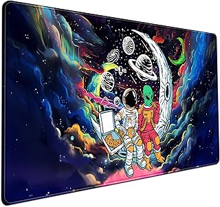 Funny Space Mouse Pad Desk Mat Astronaut Alien Large Gaming Mouse Pads Anime Desk Pad Mousepad XXL Cool Trippy Universe Extended Keyboard Mat with Stitched Edges Anti-Slip, 31.5 X 15.8 in